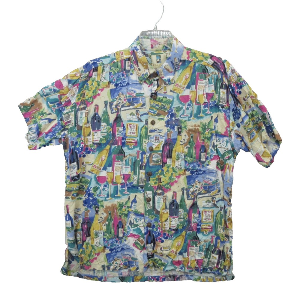 Kahala Mens Hawaiian Shirt Large Short Sleeve Wine Napa Valley Vine Print USA